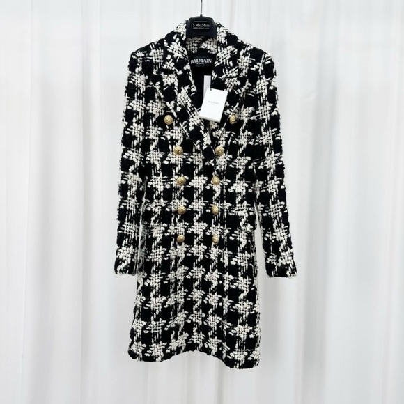 Balmain Jackets & Blazers - Authentic Balmain Monochrome Tweed Coat with Gold Buttons